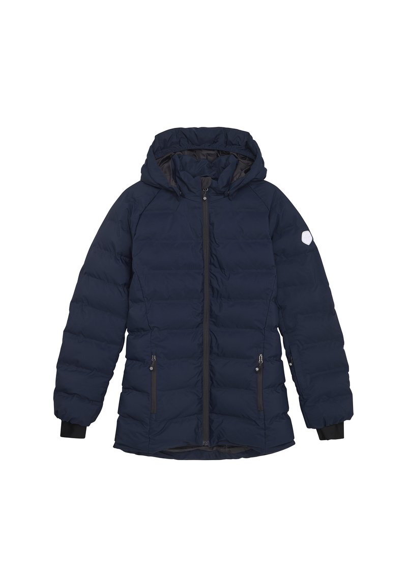 Giacca puffer blu navy con cappuccio, zip frontale e due tasche laterali. Presenta polsini a coste e un piccolo logo bianco sulla spalla.