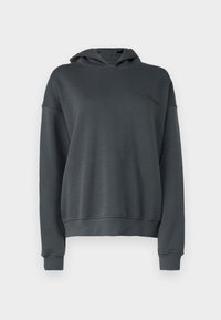 Sudadera con capucha de un gris oscuro, de corte relajado, con puños y dobladillo acanalados, y un sutil logotipo en la parte delantera. Tela suave con textura blanda.