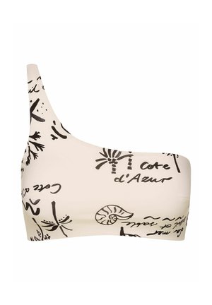Ein Bikini-Oberteil mit einem Träger in hellem Beige, bedruckt mit schwarzem Text und Designs, einschließlich Muscheln und Palmen, aus glattem Material gefertigt.