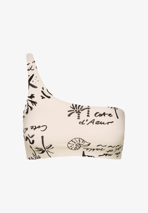 One-shoulder bikini top in light beige with black printed text and designs, including seashells and palm trees, made from smooth fabric.