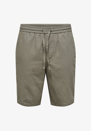 Light olive green shorts made of textured cotton. Features an elastic waistband with a drawstring, two side pockets, and a straight cut.