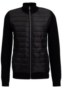 Svart zip-up jacka med kviltad front och ribbade ärmar. Hög krage, texturerad tyg och slät yta fram.