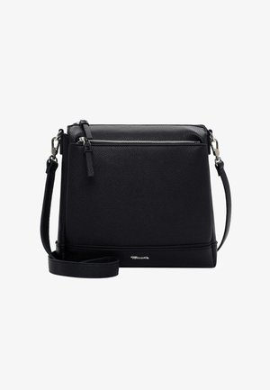 Czarna skórzana torebka na ramię o teksturowanym wykończeniu, zamykana na zamek u góry, z regulowanym paskiem i subtelnymi ozdobami.