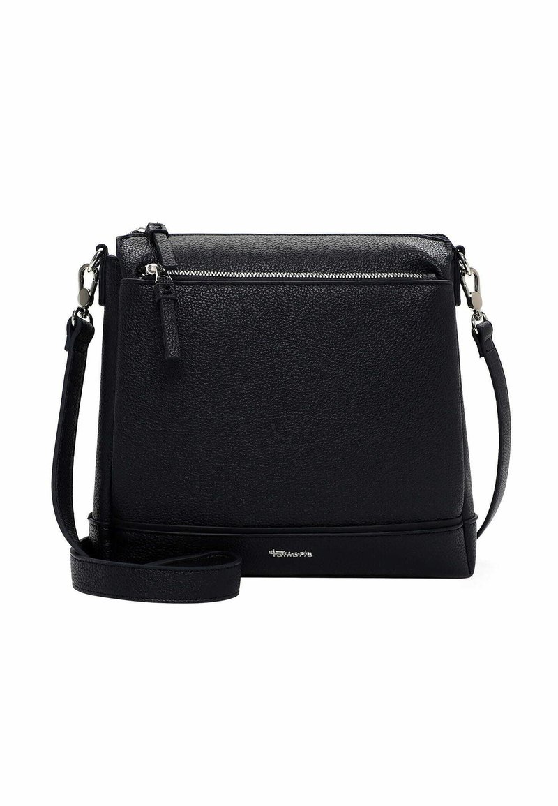 Czarna skórzana torebka na ramię o teksturowanym wykończeniu, zamykana na zamek u góry, z regulowanym paskiem i subtelnymi ozdobami.