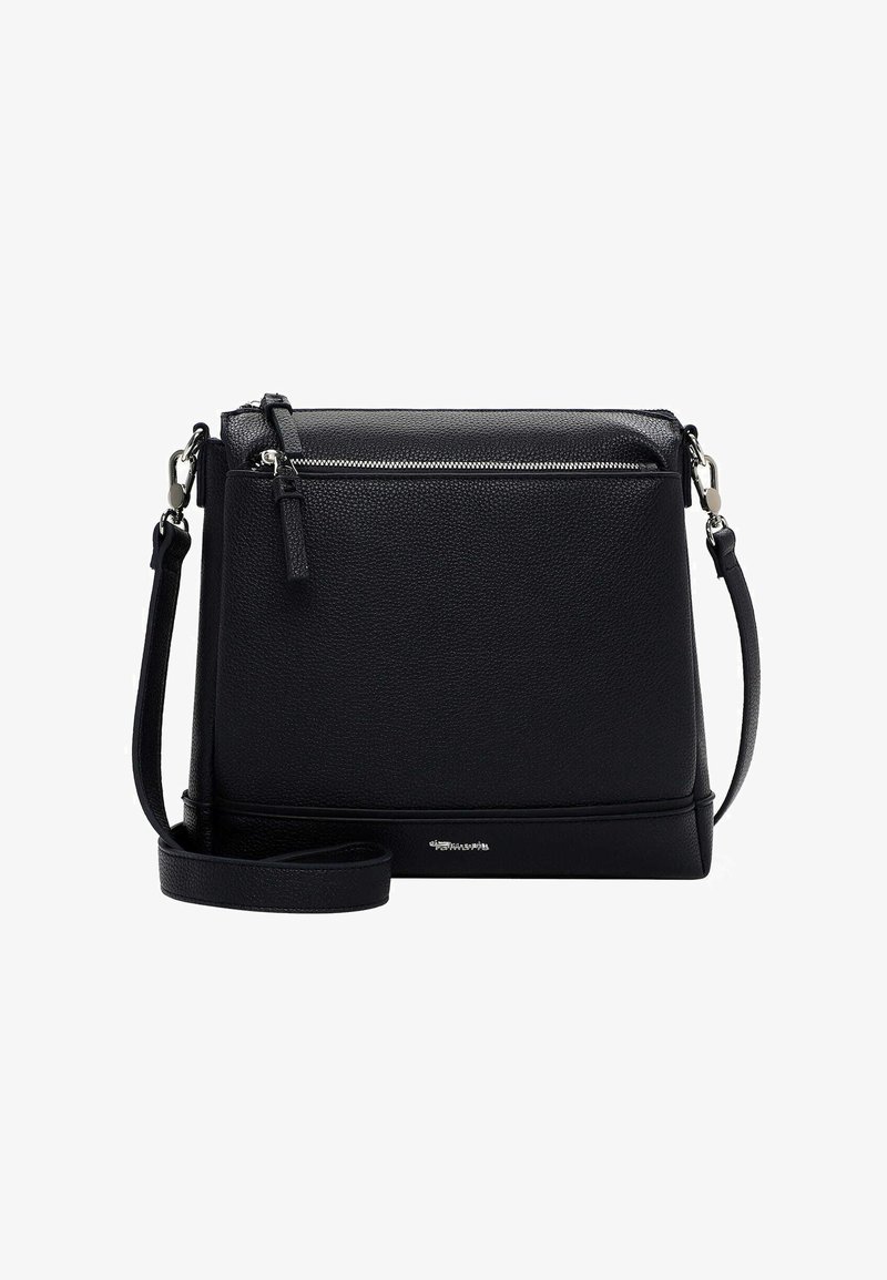 Czarna skórzana torebka na ramię o teksturowanym wykończeniu, zamykana na zamek u góry, z regulowanym paskiem i subtelnymi ozdobami.