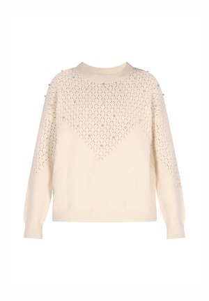 Pletena pulover u krem boji s uzorkom dijamanta, s suptilnim ukrasima. Okrugli dekolte, dugi rukavi i rebrasti rub.