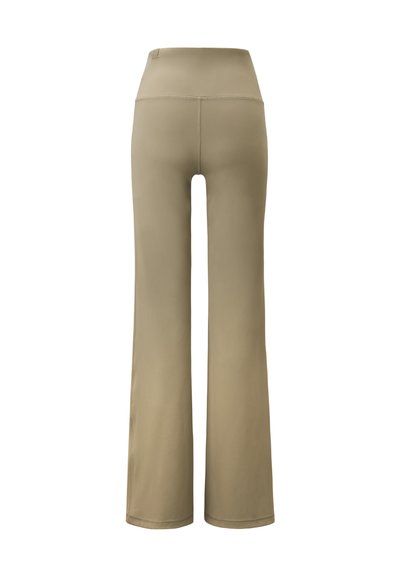 Khaki wijde broek met hoge taille, gemaakt van rekbare stof. Heeft een gladde textuur en subtiele stikseldetails.