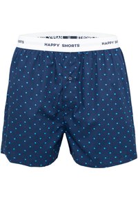 Navy boxer shorts with light blue polka dots, elastic waistband featuring "HAPPY SHORTS" logo, single button front closure.