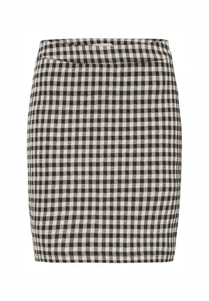 Svart och vit rutigt minikjol med en figurnära design och en slät textur, med en midja och rena kanter.