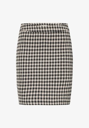 Svart och vit rutigt minikjol med en figurnära design och en slät textur, med en midja och rena kanter.