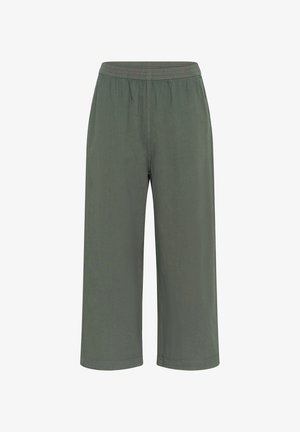 Green cotton culottes with an elastic waistband, wide legs, and a smooth texture. No visible pockets or patterns. Simple and functional design.