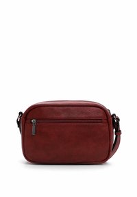 Borsa a tracolla rossa in pelle con texture liscia, forma rettangolare, chiusura superiore con zip e tasca esterna con zip. Tracolla regolabile.
