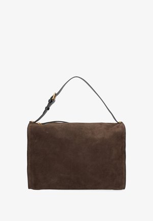 Sac à main en daim brun avec une forme rectangulaire élégante, équipé d'une petite sangle en cuir et d'accents en laiton. Texture lisse.