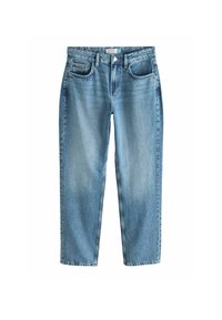 Jeans de denim azul claro con corte recto, cinco bolsillos y un lavado ligeramente deslavado. Presentan un cierre estándar de botón y cremallera.