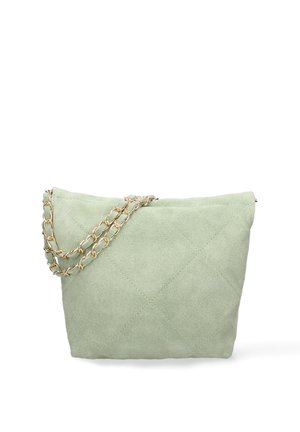 Sac à main en daim vert clair avec motif matelassé et anse chaîne dorée, présenté sur fond blanc.