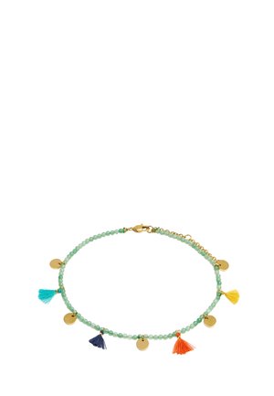Delikatna zielona bransoletka z koralików z złotymi dyskami i wielokolorowymi frędzlami w odcieniach niebieskiego, turkusowego, pomarańczowego i żółtego, z złotym zapięciem i przedłużką łańcuszka.