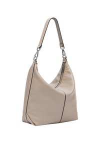 Beżowa skórzana torba hobo o luźnym kształcie, z kontrastującym czarnym obszyciem i srebrnym zamkiem błyskawicznym. Posiada szeroki pasek na ramię do noszenia.