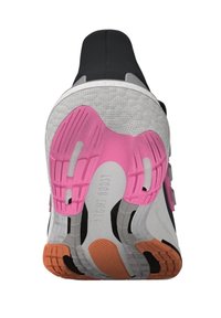 Vitt sportskosula med rosa, svart och orange detaljer. Texturerad gummi med synliga mönster och en lätt meshöverkonstruktion.