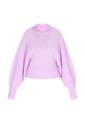 Lavendelfarbener Strickpullover mit hohem Kragen, Ballonärmeln und gerippten Bündchen und Saum, der ein leicht durchscheinendes, strukturiertes Muster im oberen Frontbereich zeigt.
