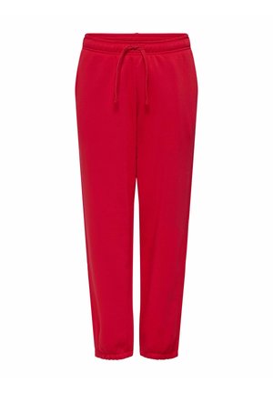 Czerwone dresy z elastycznym paskiem, regulowanym sznurkiem i elastycznymi mankietami przy kostkach; wykonane z miękkiego, wygodnego materiału.