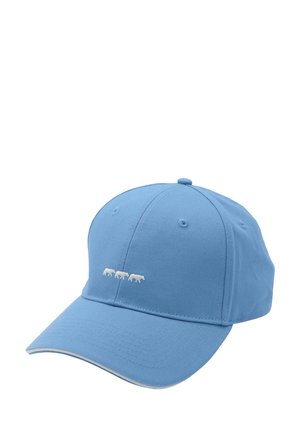 Casquette de baseball bleue en coton avec une visière courbée et trois animaux brodés en blanc sur le panneau avant. Design simple et structuré.