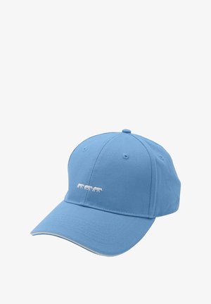 Casquette de baseball bleue en coton avec une visière courbée et trois animaux brodés en blanc sur le panneau avant. Design simple et structuré.