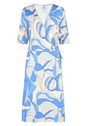 Wickelkleid mit ellbogenlangen Ärmeln, abstraktem blau-beige Blattmuster, V-Ausschnitt und seitlicher Bindung.