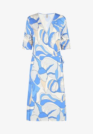 Vestido cruzado con mangas hasta el codo, estampado abstracto de hojas azules y beige, escote en V y detalle de lazo lateral.
