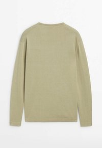 Camicia a maniche lunghe in verde oliva chiaro. Tessuto liscio con una vestibilità morbida, scollo arrotondato e design minimalista. Nessun motivo o dettaglio visibile.