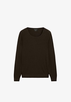 Maglione a maniche lunghe in maglia a coste di colore marrone scuro, con scollatura rotonda, orlo dritto e texture sottile, esposto su uno sfondo bianco semplice.