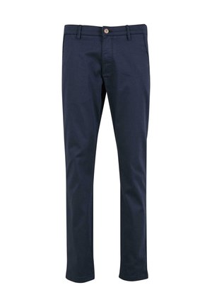 Námořnické modré bavlněné kalhoty s rovnými nohavicemi, s předním zapínáním na knoflík a klasickými zadními kapsami. Hladká textura, bez vzorů.