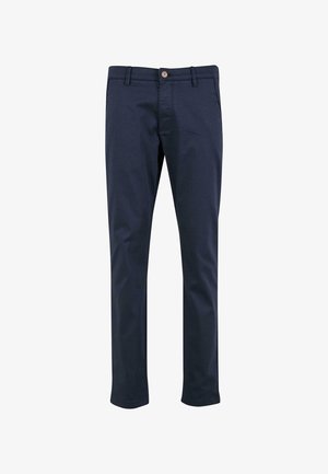 Navy blue cotton trousers with a straight-leg design, featuring a front button closure and classic back pockets. Smooth texture, no patterns.