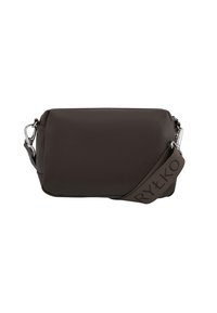 Bolso de hombro cruzado de cuero texturizado marrón oscuro con cierres de plata y una correa ajustable que presenta el nombre de la marca en relieve "RYŁKO".