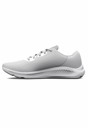 Light gray athletic shoe with a textured mesh upper, smooth white sole, and rounded toe design. Features discreet lacing and minimal accents.