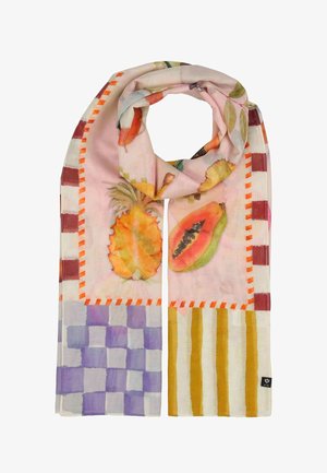 Šalle ar akvareļu ananāsu un papajas augļu apdruku, apmales sarkani oranžās svītras, violeti rūtiņu raksti un sinepju dzelteni svītrojumi uz gaiša fona.