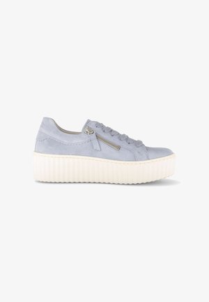 Light blue suede platform sneaker with thick white ridged sole, laces, and side zipper detail.
