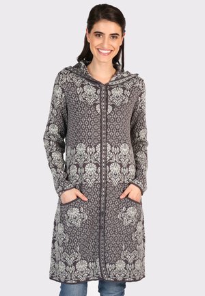 Hooded langer Cardigan in Dunkelgrau mit floralen Mustern. Verfügt über zwei Fronttaschen und einen Knopfverschluss, hergestellt aus einem weichen strukturierten Stoff.