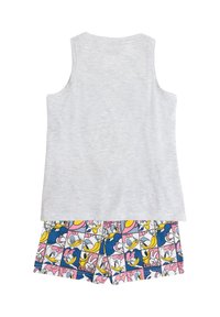 Top senza maniche grigio in cotone abbinato a pantaloni corti colorati con un motivo a fumetti di personaggi in quadrati, principalmente nei colori rosa, blu e giallo.