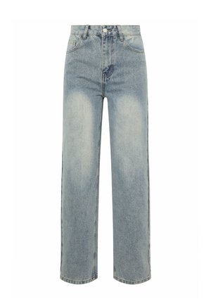 Korkeavyötäröiset, vaaleanpesut suoralahkeiset farkut, joissa on etutaskut, vyölenkit, nappikiinnitys ja haalistuneet yksityiskohdat reiden kohdalla.