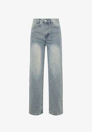 High-rise, lichtgewassen jeans met rechte pijpen, voorzakken, riemlussen, knoopsluiting en vervaagde details op de dijen.