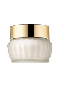 Hvit glasskremkrukke med ribbet tekstur og en glatt gulllok. Krukken har en rund form, egnet for kosmetikk- eller hudpleieprodukter.