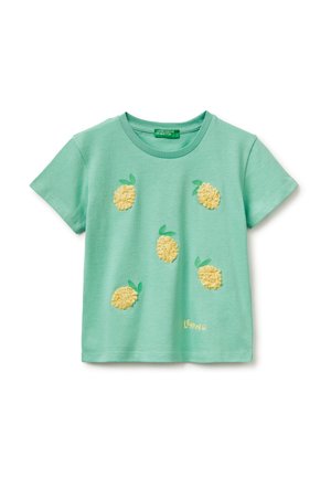 Mintgrünes T-Shirt mit kurzen Ärmeln, fünf gelben, strukturierten Ananas und einem kleinen "Lemon"-Schriftzug nahe dem unteren Saum.