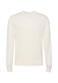 Maglione a maniche lunghe color bianco sporco con collo a giro, dotato di polsini e orlo a coste, caratterizzato da un piccolo logo "CK" sul lato sinistro del petto.