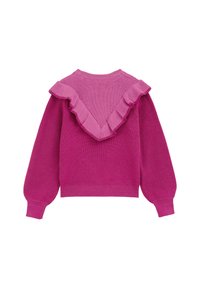 Long-sleeve pink knit sweater featuring a ruffled V-back design, ribbed texture, and fitted cuffs.