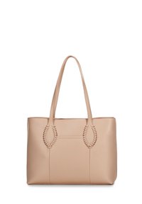 Beige leren tote bag met dubbele handvatten, ovale geweven accenten, een gladde textuur en een gestructureerde rechthoekige vorm. Geen hardware of patronen.