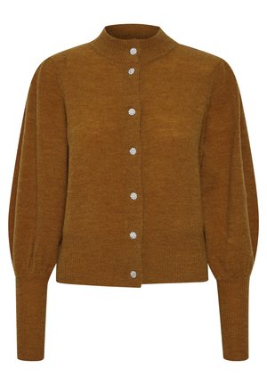 Brauner Strickcardigan mit hohem Kragen, strukturierten Schultern und langen Ärmeln. Vorderseite mit fünf kristallähnlichen Knöpfen.
