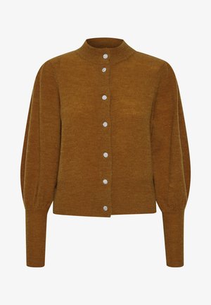 Brauner Strickcardigan mit hohem Kragen, strukturierten Schultern und langen Ärmeln. Vorderseite mit fünf kristallähnlichen Knöpfen.