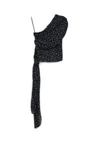 Haut noir transparent avec un design asymétrique à une épaule, orné de pois blancs et d'un long nœud drapé sur un côté.