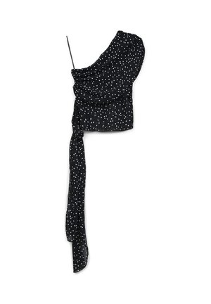 Haut noir transparent avec un design asymétrique à une épaule, orné de pois blancs et d'un long nœud drapé sur un côté.