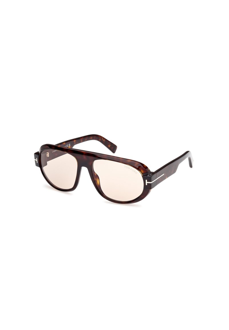 Tortoiseshell sunglasses with light pink lenses, bold oval-shaped frames, and sleek black accents on the temples. Lightweight plastic material.